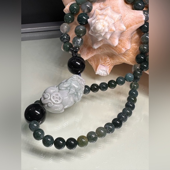 MOSS AGATE + ONYX + PIXIU JADE STONES NATURAL NECKLACE - Picture 3 of 14
